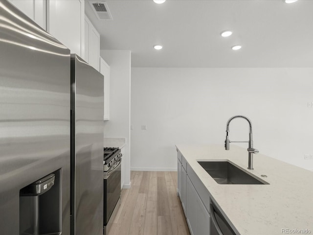 kitchen with light stone counters, stainless steel appliances, a sink, visible vents, and white cabinetry