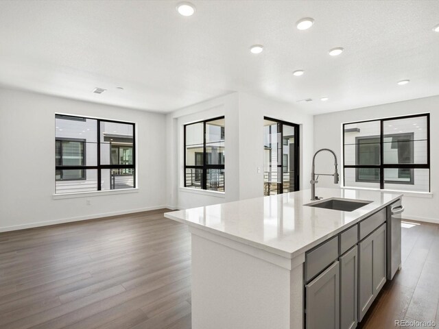 2036 S Holly St Unit 4, Denver, CO 80222 - kitchen featuring a sink, a center island with sink, gray cabinetry, light stone counters, and dark wood-type flooring