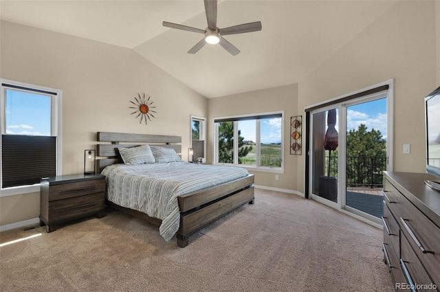 bedroom with access to outside, baseboards, lofted ceiling, light colored carpet, and a ceiling fan