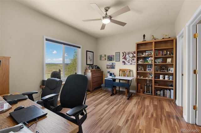 office space featuring a ceiling fan and light wood-style flooring