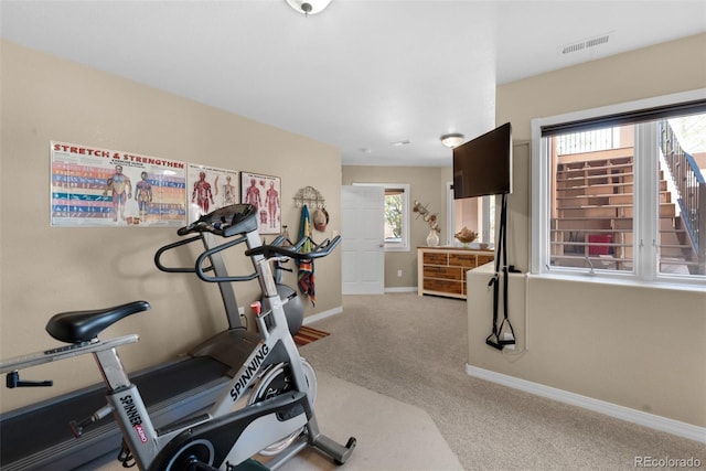 workout area featuring carpet floors and baseboards