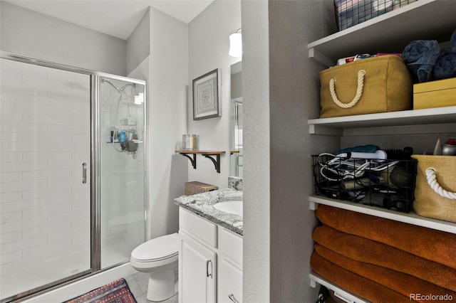 full bath with tile patterned flooring, a shower stall, toilet, and vanity