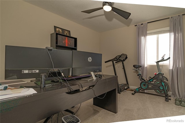 carpeted home office with ceiling fan and a textured ceiling