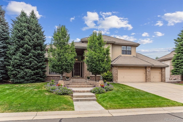 9411 E Hidden Hill Ln, Lone Tree, CO 80124 - view of property hidden behind natural elements featuring a front yard, driveway, brick siding, and a tiled roof