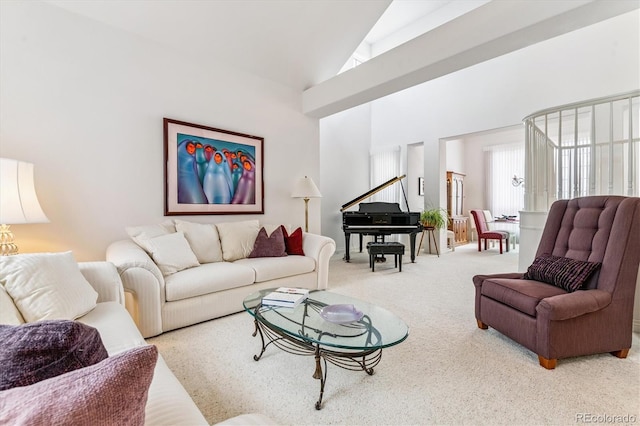 9411 E Hidden Hill Ln, Lone Tree, CO 80124 - living room featuring carpet flooring and high vaulted ceiling