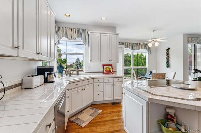 9411 E Hidden Hill Ln, Lone Tree, CO 80124 - kitchen featuring tile countertops, dishwasher, white cabinets, plenty of natural light, and recessed lighting