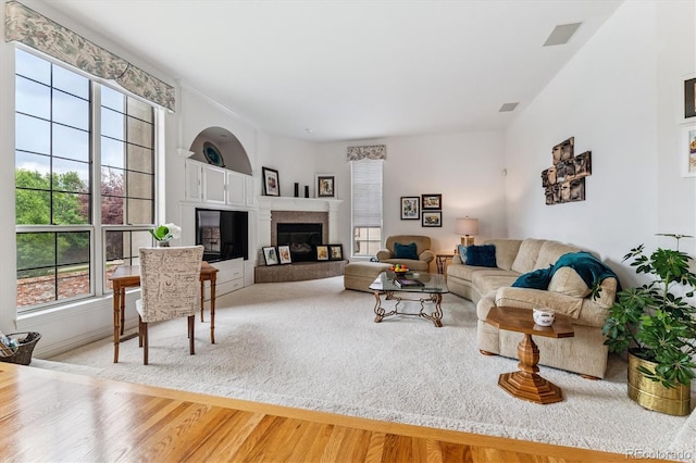 9411 E Hidden Hill Ln, Lone Tree, CO 80124 - living area featuring plenty of natural light, a glass covered fireplace, and wood finished floors
