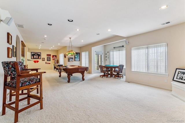 9411 E Hidden Hill Ln, Lone Tree, CO 80124 - recreation room with light colored carpet, recessed lighting, and billiards