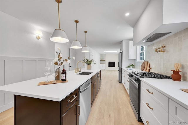 kitchen featuring stainless steel appliances, light wood-style flooring, a sink, dark brown cabinets, and premium range hood