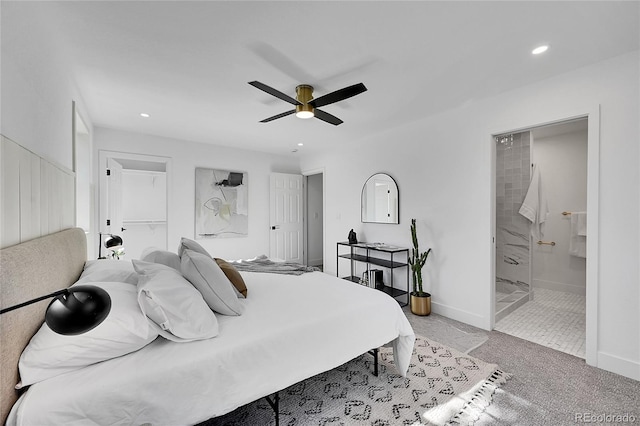 bedroom featuring baseboards, carpet, a ceiling fan, and recessed lighting