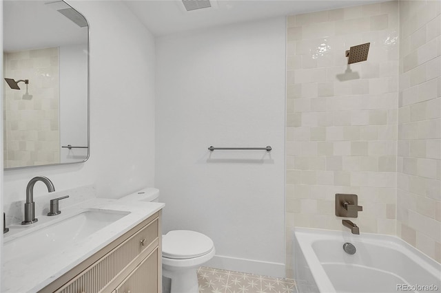 bathroom featuring visible vents, toilet, vanity, shower / tub combination, and baseboards