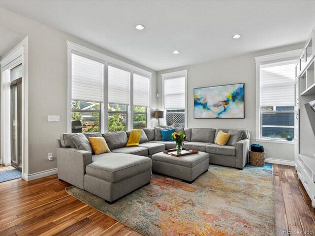 8012 E 50th Dr, Denver, CO 80238 - living room with hardwood / wood-style flooring and recessed lighting