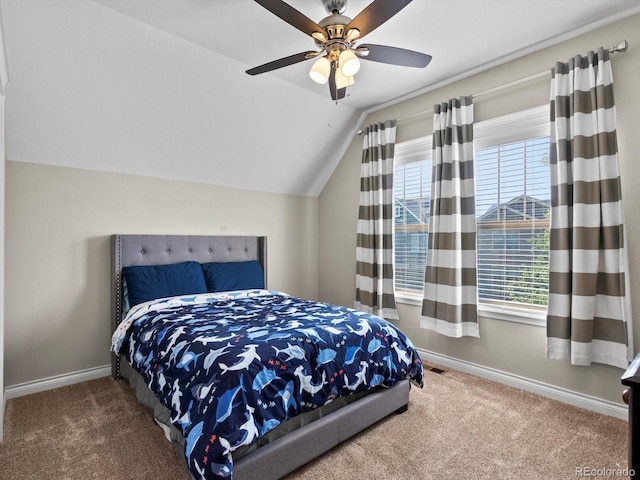 8012 E 50th Dr, Denver, CO 80238 - bedroom with carpet, vaulted ceiling, and ceiling fan