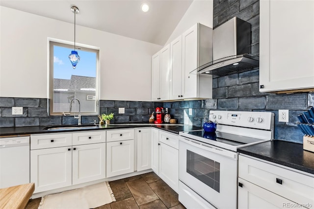 kitchen featuring white cabinetry, sink, wall chimney exhaust hood, white appliances, and decorative backsplash