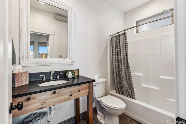 full bathroom with tile patterned floors, vanity, toilet, and shower / bathtub combination with curtain