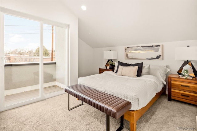 1344 N Knox Ct, Denver, CO 80204 - bedroom featuring vaulted ceiling, carpet flooring, access to outside, and recessed lighting