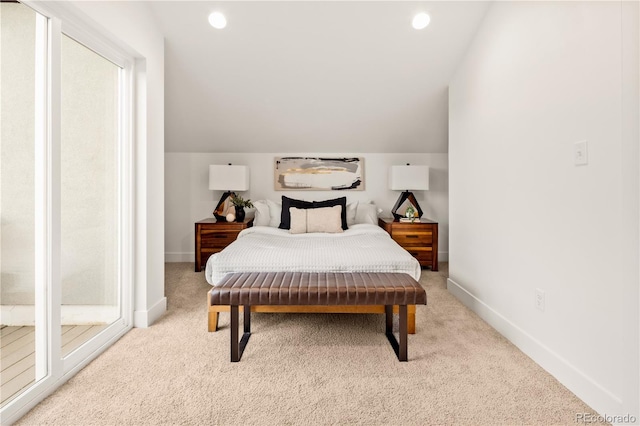 1344 N Knox Ct, Denver, CO 80204 - bedroom featuring carpet floors, vaulted ceiling, and recessed lighting