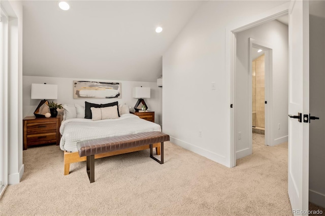 1344 N Knox Ct, Denver, CO 80204 - bedroom featuring light colored carpet, vaulted ceiling, and recessed lighting