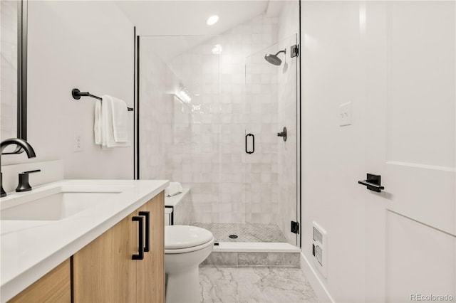 1344 N Knox Ct, Denver, CO 80204 - full bath with a stall shower, vanity, marble finish floors, and recessed lighting