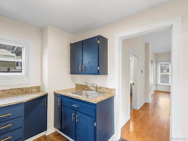 kitchen featuring sink, dark wood-type flooring, and blue cabinets