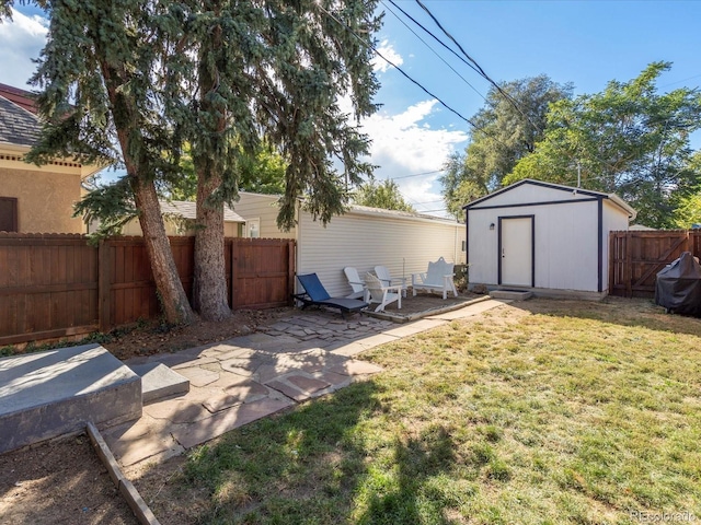 view of yard featuring a patio and a storage shed