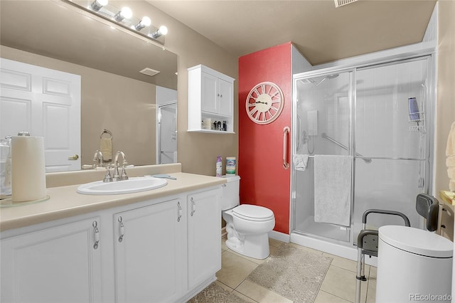 bathroom with tile patterned flooring, an enclosed shower, vanity, and toilet