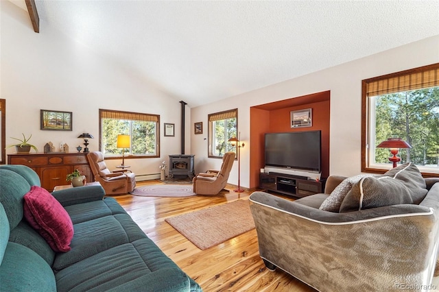 living area with a wood stove, plenty of natural light, vaulted ceiling, and wood finished floors