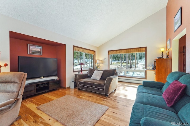 living area featuring high vaulted ceiling, a textured ceiling, a baseboard heating unit, and wood finished floors