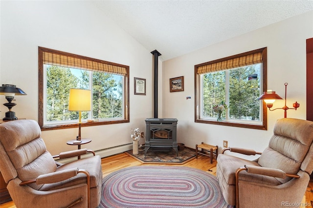 living area featuring lofted ceiling, a textured ceiling, wood finished floors, and a wood stove