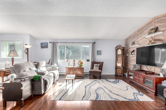 living area featuring a baseboard radiator, wood-type flooring, baseboard heating, and a textured ceiling