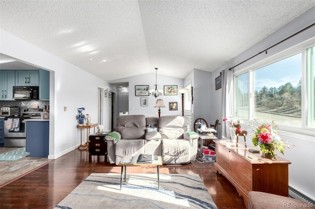 living area with baseboards, vaulted ceiling, an inviting chandelier, dark wood-style floors, and a baseboard radiator