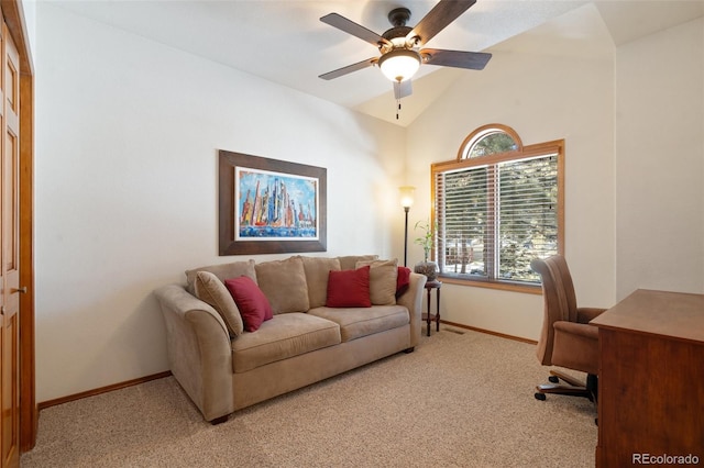 office space with light carpet, lofted ceiling, and ceiling fan