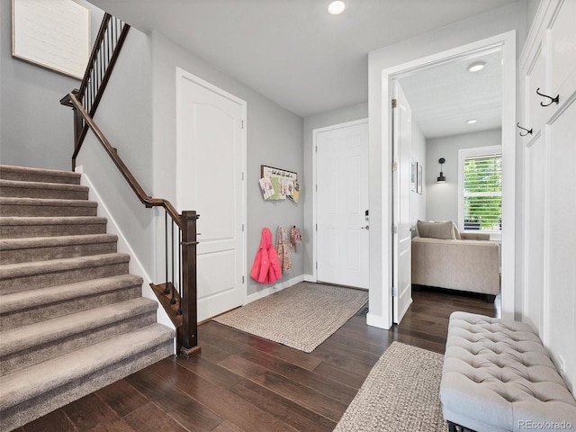 14565 Vancouver Pl, Parker, CO 80134 - foyer featuring stairway, dark wood-style floors, and recessed lighting