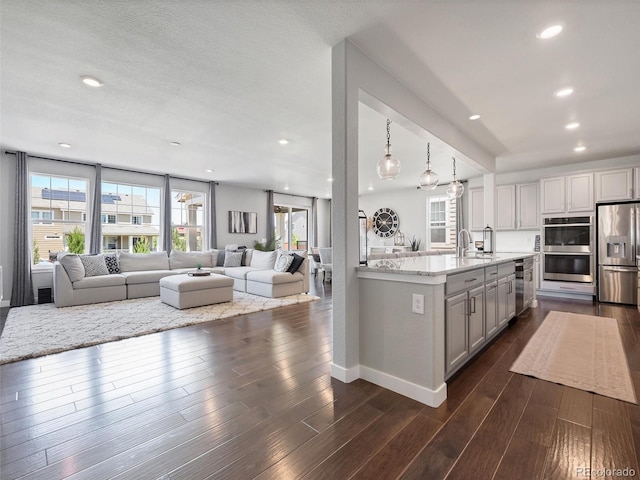 14565 Vancouver Pl, Parker, CO 80134 - kitchen featuring stainless steel appliances, open floor plan, light stone counters, recessed lighting, and dark wood finished floors