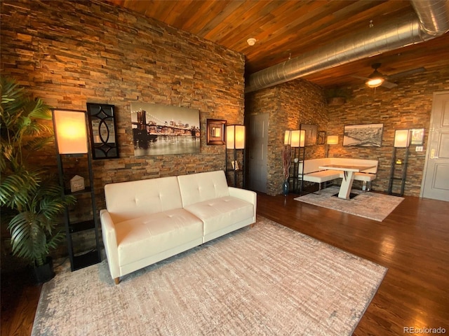 10111 Inverness Main St Unit 223, Englewood, CO 80112 - living area featuring a ceiling fan, wood finished floors, and wood ceiling