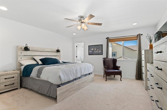 6454 Leathers Ln, Parker, CO 80134 - bedroom with light carpet, recessed lighting, and ceiling fan