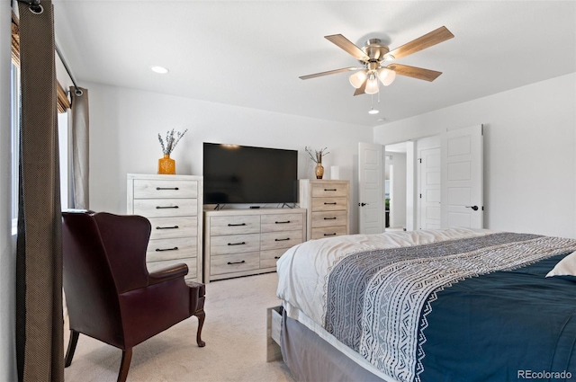 6454 Leathers Ln, Parker, CO 80134 - bedroom featuring light carpet, recessed lighting, and ceiling fan