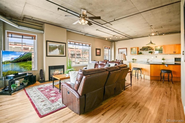 living room with plenty of natural light, ceiling fan, and light wood-type flooring