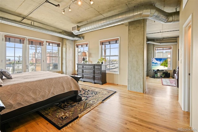 bedroom with light hardwood / wood-style floors and multiple windows