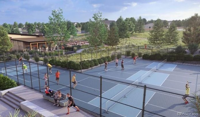 view of tennis court with fence