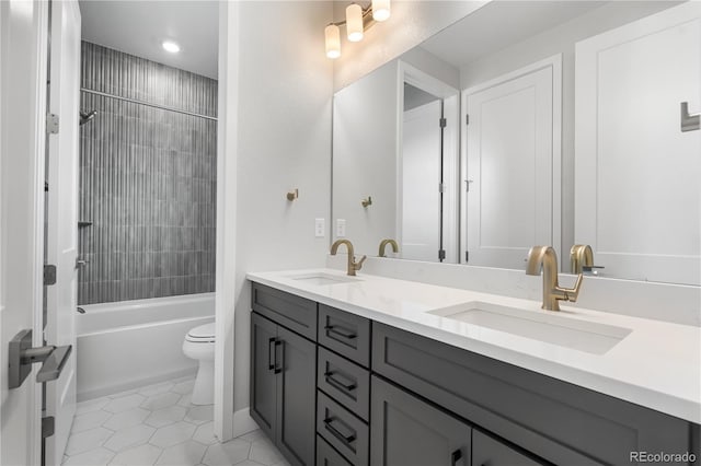 6683 Bridle Creek Pt, Castle Pines, CO 80108 - bathroom with double vanity, tile patterned floors, bathing tub / shower combination, and recessed lighting