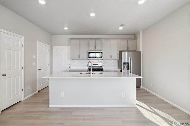 kitchen featuring gray cabinets, sink, an island with sink, and stainless steel appliances