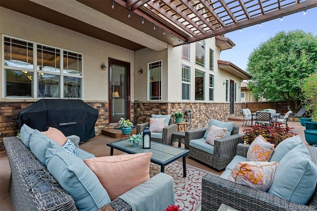 view of patio featuring a pergola, an outdoor hangout area, and area for grilling