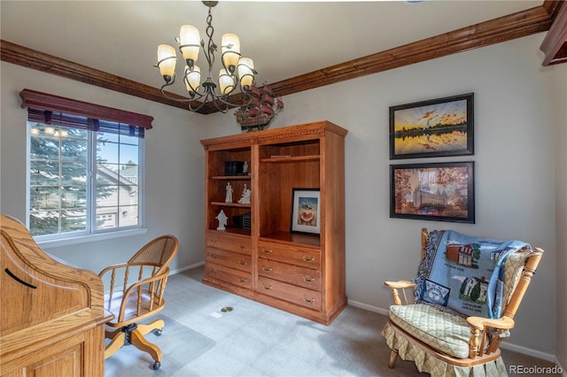 home office featuring a notable chandelier, ornamental molding, and light colored carpet