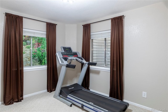 exercise area with light colored carpet