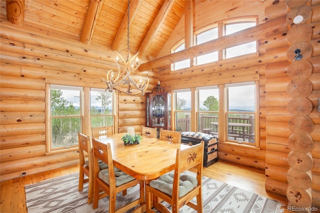 514 Little Baldy Cir, Fairplay, CO 80440 - dining space with a chandelier, wooden ceiling with exposed beams, light wood finished floors, rustic walls, and high vaulted ceiling