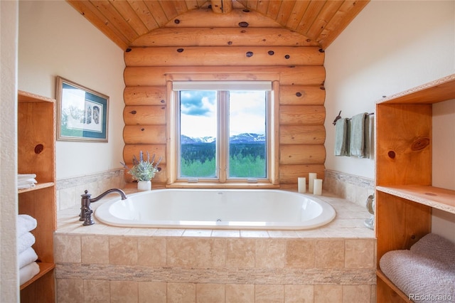 514 Little Baldy Cir, Fairplay, CO 80440 - full bathroom featuring wooden ceiling, log walls, a bath, and lofted ceiling