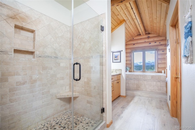 514 Little Baldy Cir, Fairplay, CO 80440 - bathroom with wooden ceiling, wood finished floors, a shower stall, and vanity