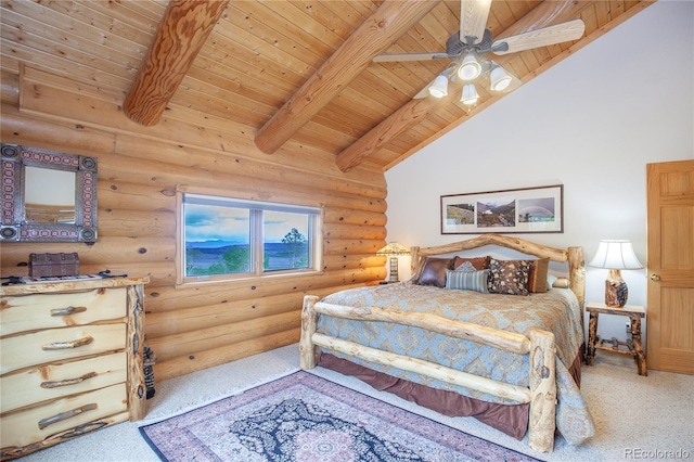 514 Little Baldy Cir, Fairplay, CO 80440 - carpeted bedroom with wood ceiling, log walls, and ceiling fan