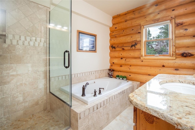 514 Little Baldy Cir, Fairplay, CO 80440 - full bathroom featuring a shower stall, a bath, vanity, tile patterned floors, and log walls